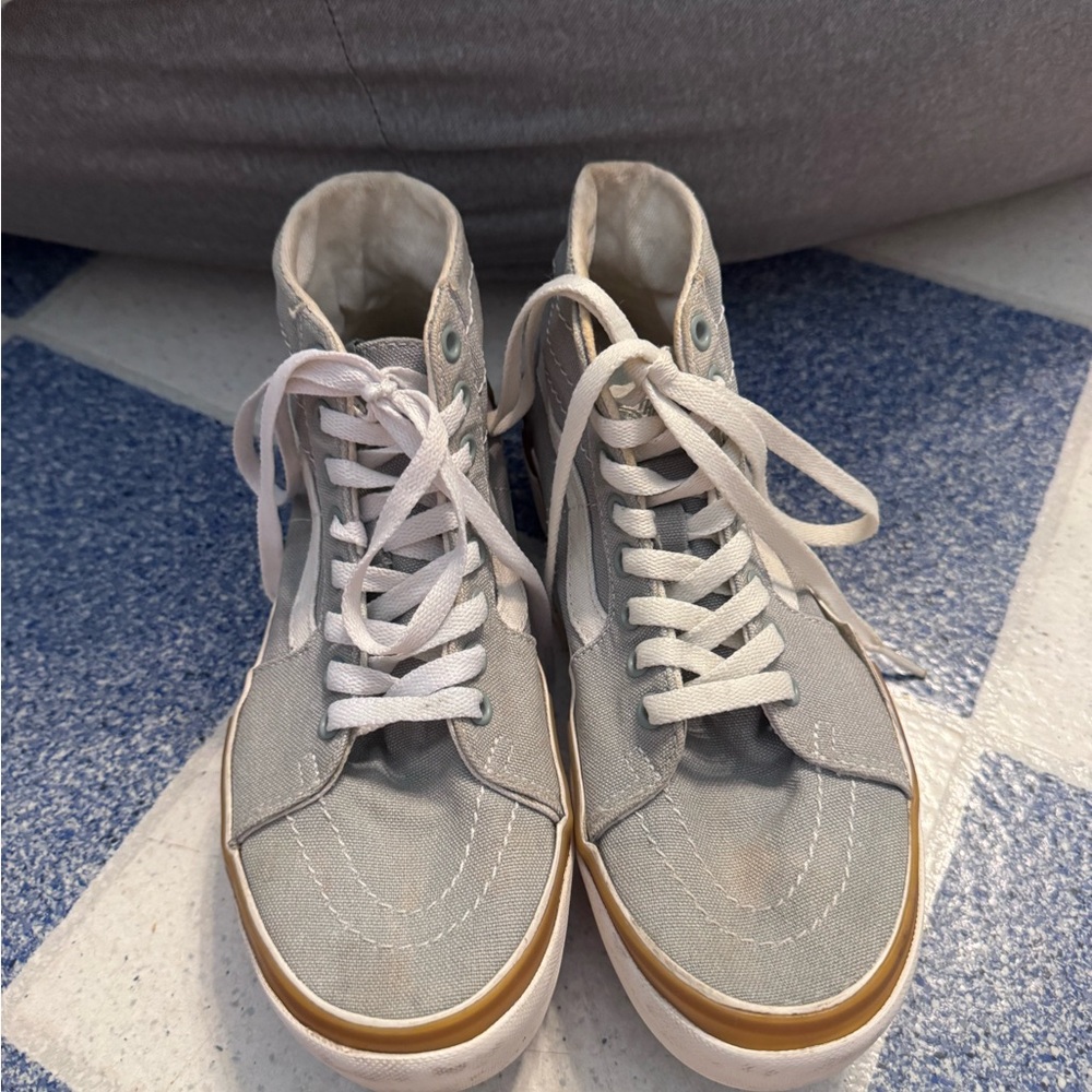 Vans High Top Platform Sneakers in Light Gray and White with Tan Trim